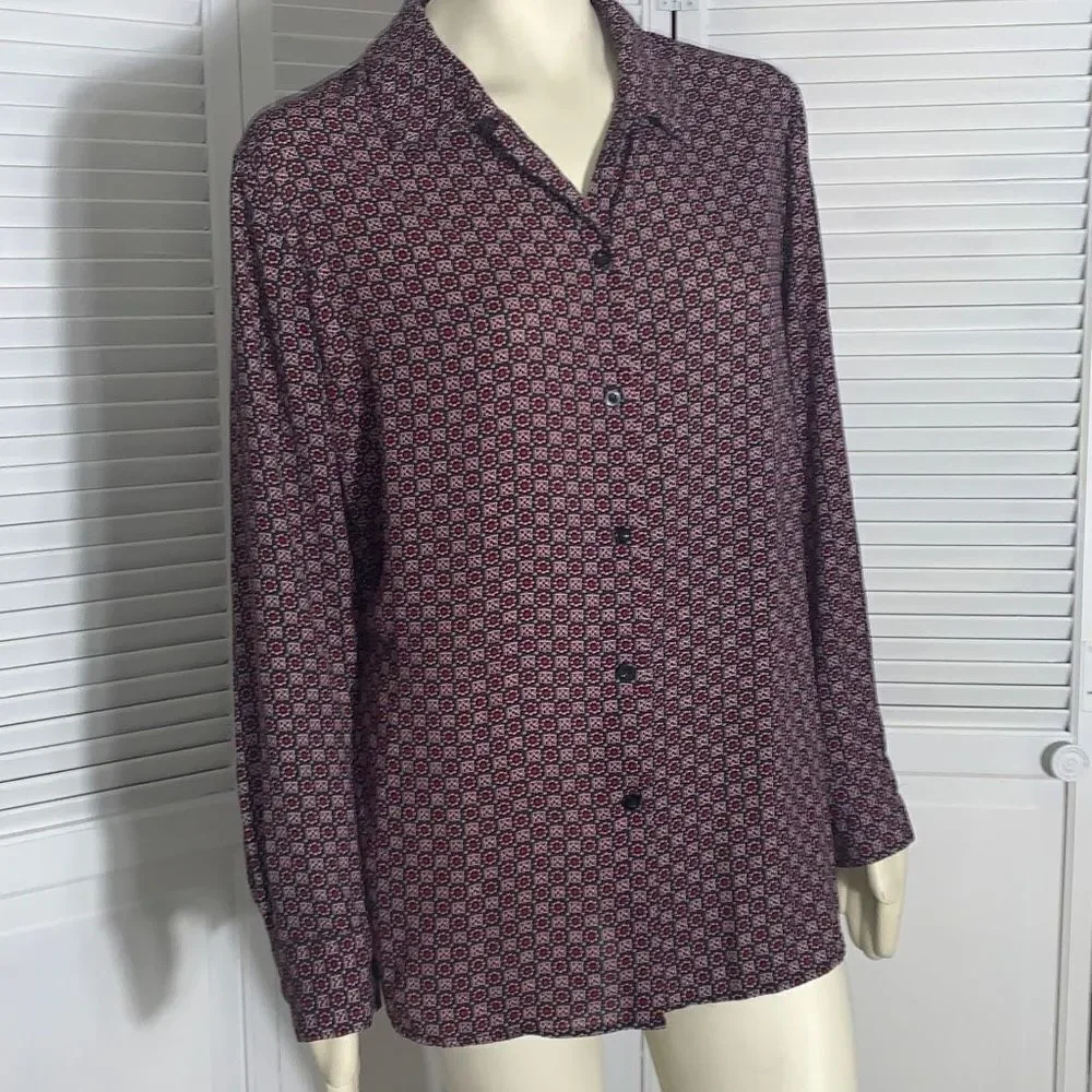 Vintage 90’s Chiffon Burgundy Wine Floral Retro Print Button Down Long Sleeve To